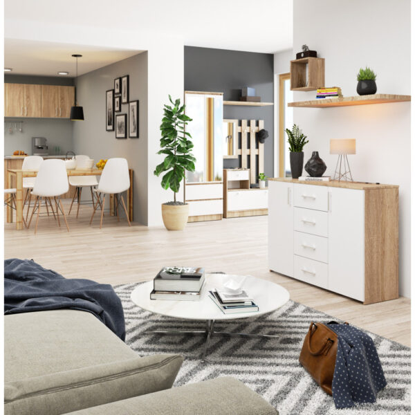 Comoda cu 4 sertare si 2 usi, PAL laminat, 110x35x80 cm, stejar sonoma si alb - imagine 5