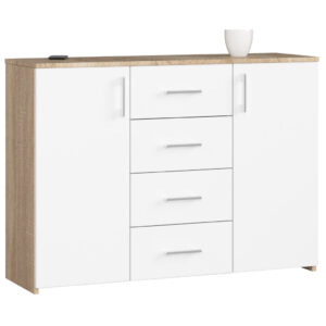 Comoda cu 4 sertare si 2 usi, PAL laminat, 110x35x80 cm, stejar sonoma si alb