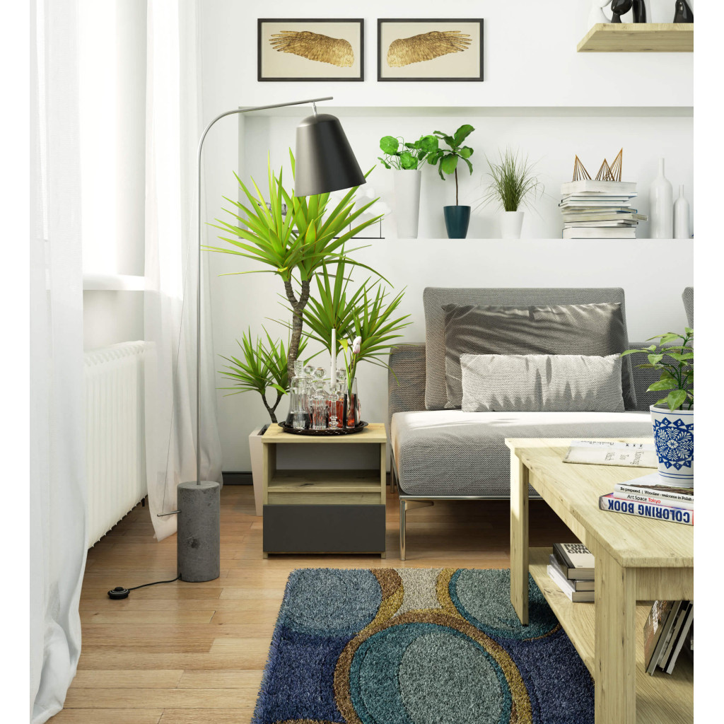 Noptiera cu 1 sertar, PAL laminat 16mm, 40x35x40 cm, stejar artisan si gri - imagine 3