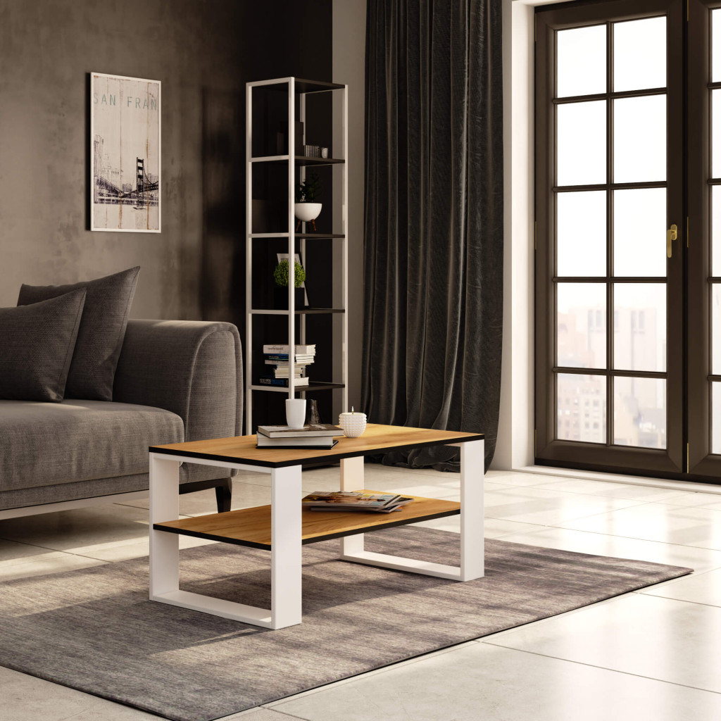 Masuta cafea ALEX cu raft inferior, PAL laminat, 92x53x45 cm, stejar craft si alb - imagine 4