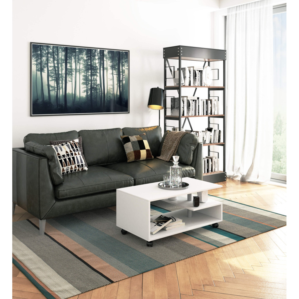 Masuta de cafea Vini pe roti, cu raft inferior si blat din PAL laminat, 90x51x40 cm, alb - imagine 4