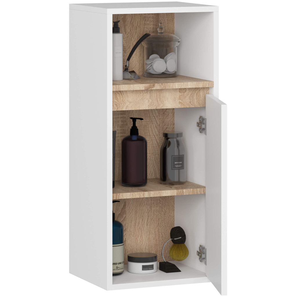 Etajera de baie suspendata, cu 2 usi, PAL 16 mm, 35x30x80 cm, alb si stejar sonoma - imagine 2