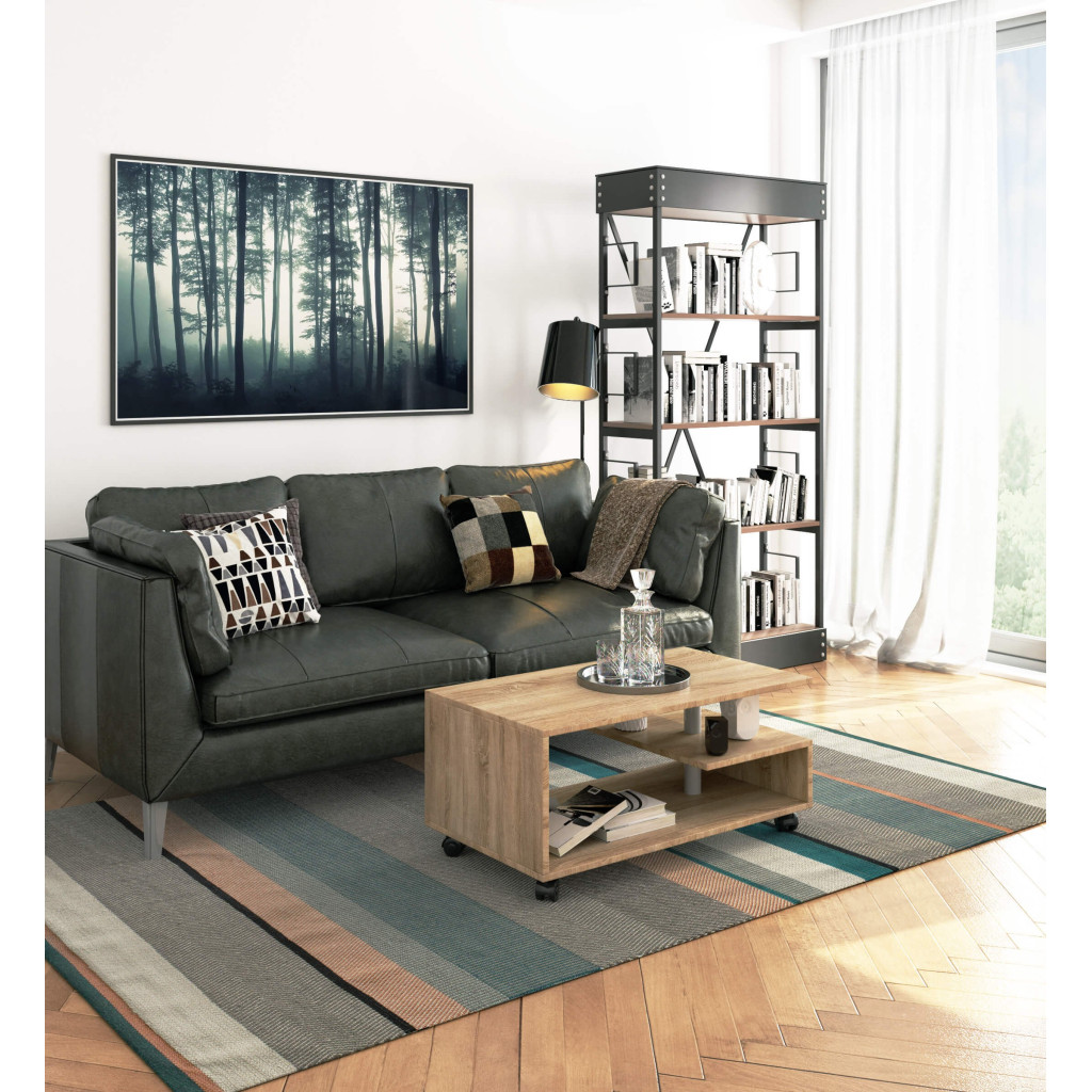 Masuta de cafea Vini pe roti, cu raft inferior si blat din PAL laminat, 90x51x40 cm, stejar sonoma - imagine 4