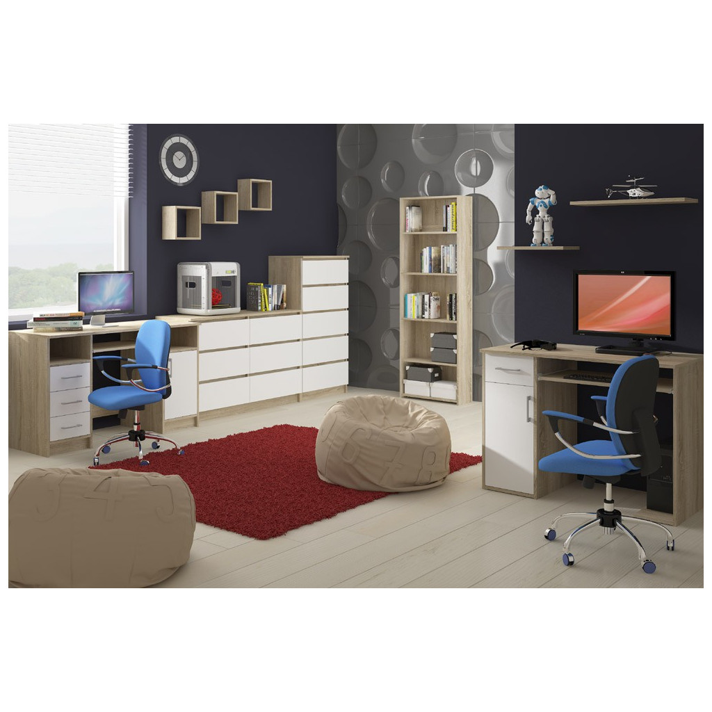 Birou computer cu 3 sertare si raft pentru tastatura, dreapta, 90x50x77 cm, stejar sonoma si alb - imagine 5