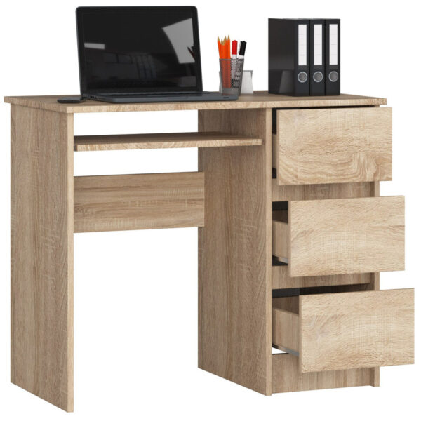Birou drept A-6 cu 3 sertare si raft pentru tastatura, 90x50x77 cm, stejar sonoma - imagine 2