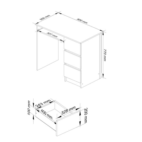 Birou drept A-6 cu 3 sertare si raft pentru tastatura, 90x50x77 cm, stejar sonoma - imagine 3