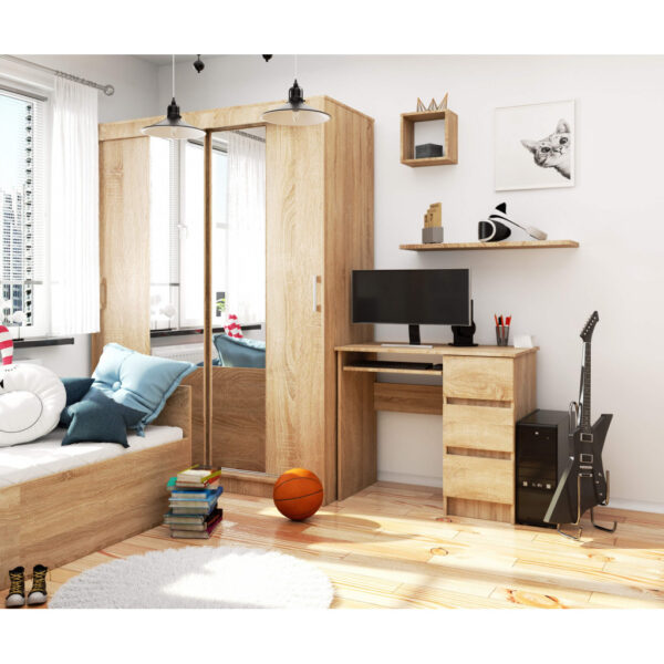Birou drept A-6 cu 3 sertare si raft pentru tastatura, 90x50x77 cm, stejar sonoma - imagine 6