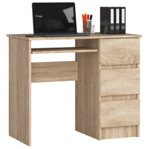 Birou drept A-6 cu 3 sertare si raft pentru tastatura, 90x50x77 cm, stejar sonoma