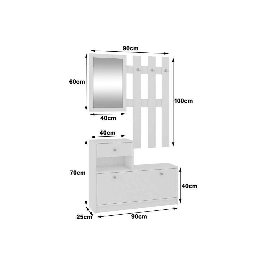 Set mobilier hol cu pantofar, oglinda, sertar si cuier metalic, PAL laminat, 90x25x170 cm, alb - imagine 6