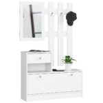 Set mobilier hol cu pantofar, oglinda, sertar si cuier metalic, PAL laminat, 90x25x170 cm, alb