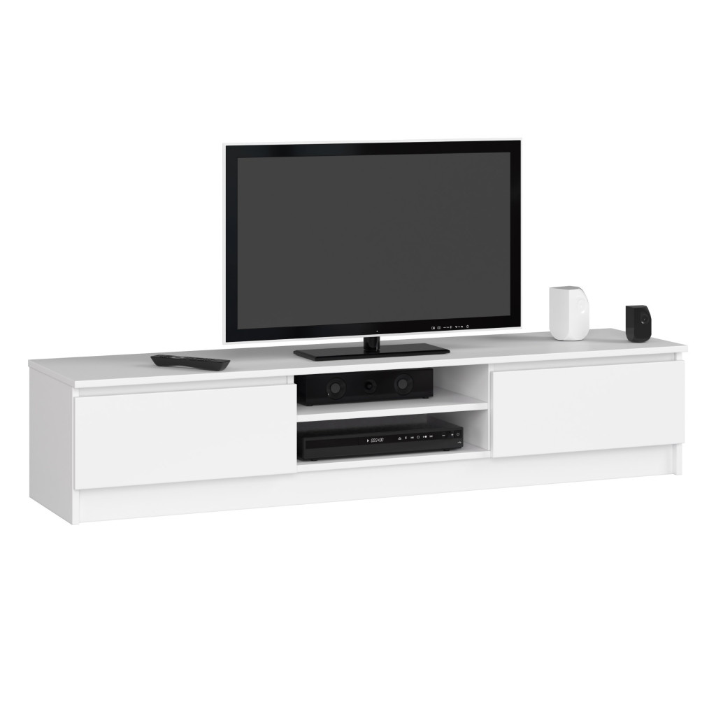 Comoda TV cu 2 usi si rafturi centrale, PAL laminat, 160x40x33 cm, alb mat