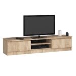 Comoda TV cu 2 usi si rafturi centrale, PAL laminat, 160x40x33 cm, stejar sonoma