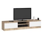 Comoda TV cu 2 usi si rafturi centrale, PAL laminat, 160x40x33 cm, stejar sonoma si alb