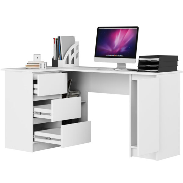 Birou colt stanga cu 3 sertare si rafturi, 155x85x77 cm, alb - imagine 3