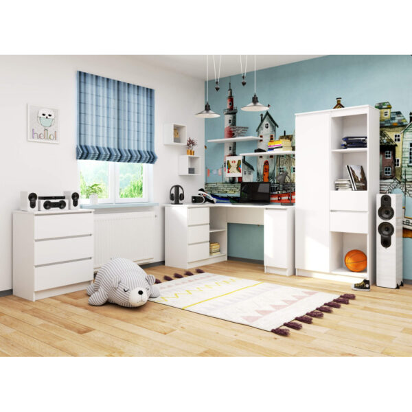 Birou colt stanga cu 3 sertare si rafturi, 155x85x77 cm, alb - imagine 4