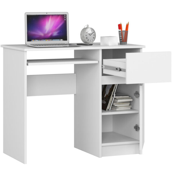 Birou calculator PIKSEL drept, cu sertar, polita glisanta si dulap, 90x50x77 cm, alb - imagine 4