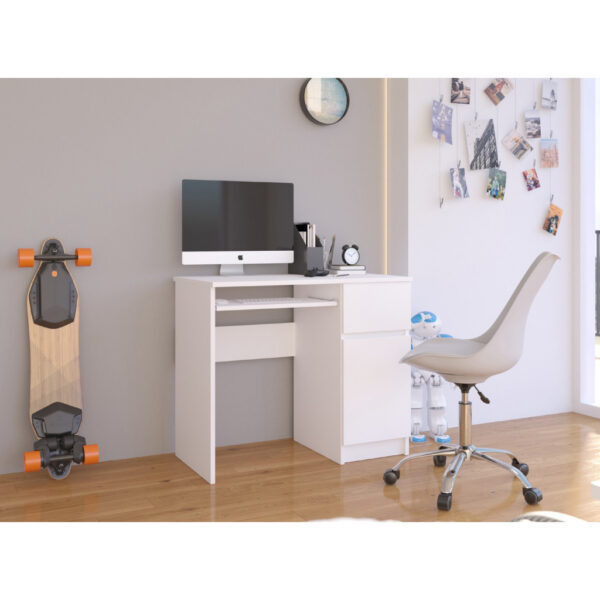 Birou calculator PIKSEL drept, cu sertar, polita glisanta si dulap, 90x50x77 cm, alb - imagine 6