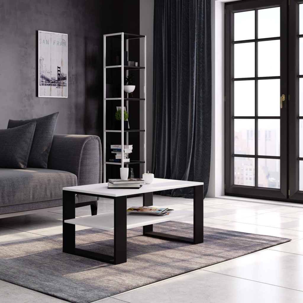 Masuta cafea ALEX cu raft inferior, PAL laminat, 92x53x45 cm, alb si negru - imagine 4