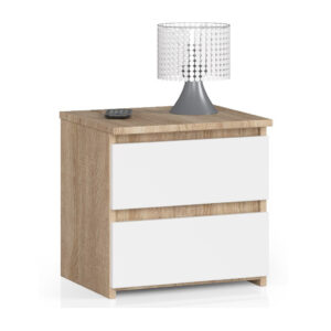 Noptiera cu 2 sertare, din PAL laminat, 40x35x40 cm, stejar sonoma si alb