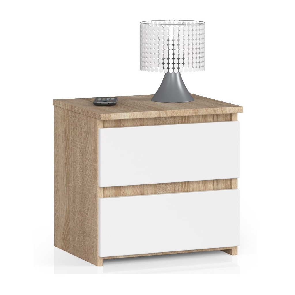Noptiera cu 2 sertare, din PAL laminat, 40x35x40 cm, stejar sonoma si alb