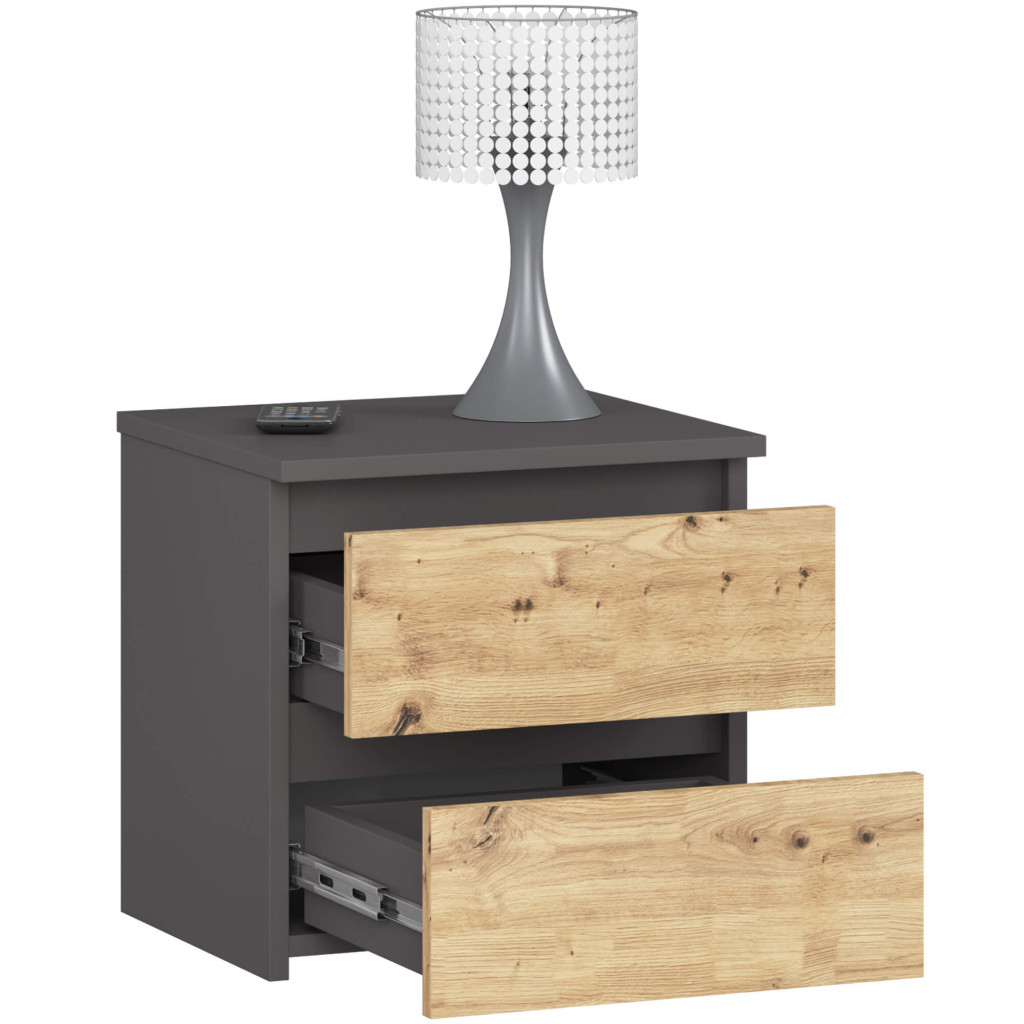 Noptiera cu 2 sertare, din PAL laminat, 40x35x40 cm, gri si stejar artisan - imagine 2