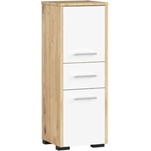 Dulap de baie tip baza, cu 2 usi si sertar, PAL 16 mm, 30x30x85 cm, stejar artisan si alb