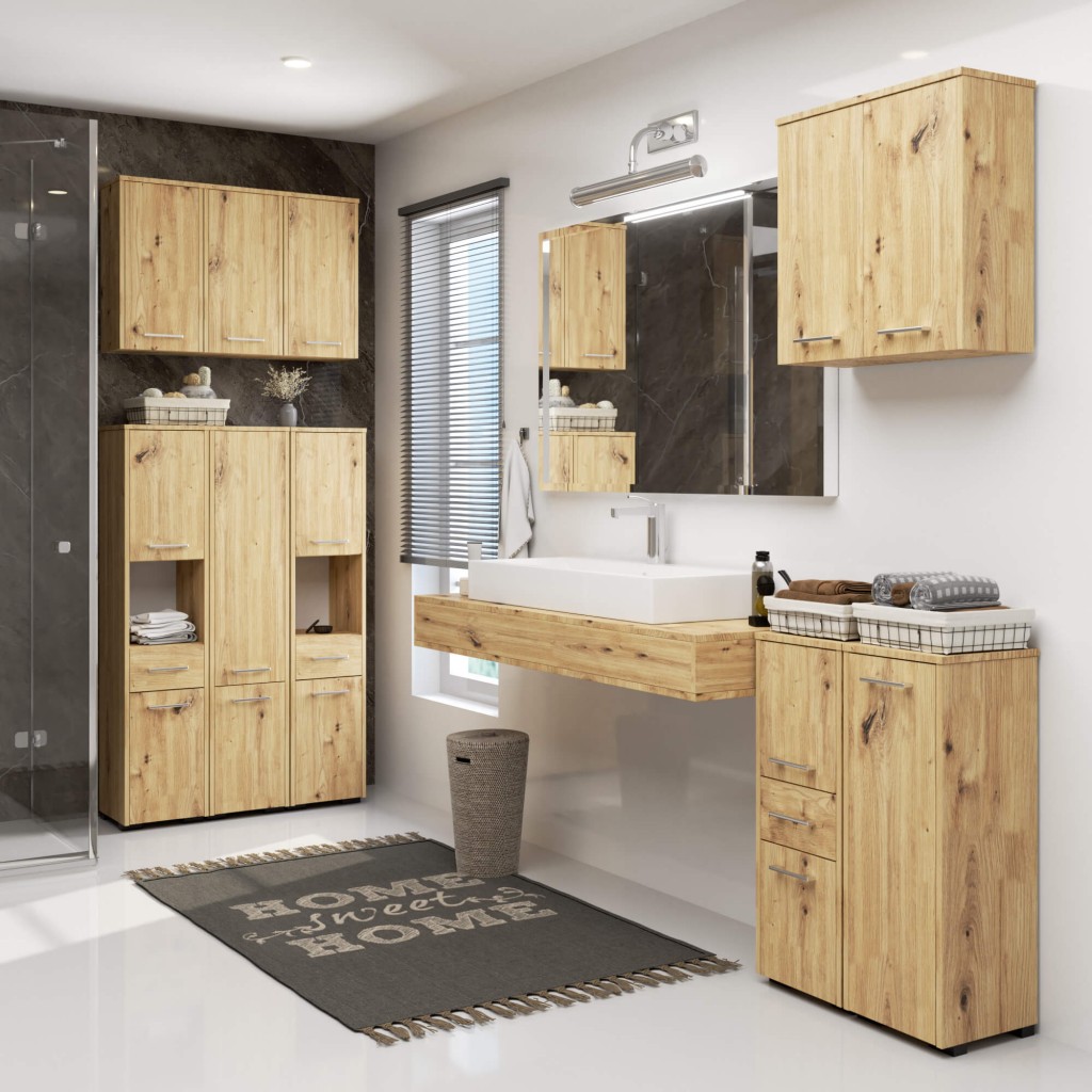 Dulap baie tip coloana cu 2 usi, 1 sertar si rafturi interioare, PAL laminat, 30x30x140 cm, stejar artisan - imagine 5