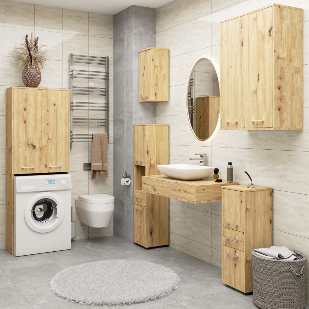 Dulap baie tip coloana cu 2 usi, 1 sertar si rafturi interioare, PAL laminat, 30x30x140 cm, stejar artisan - imagine 6