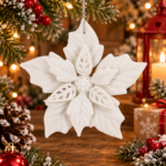 Set 10 flori de Craciun 12 cm, ornamente cu sclipici, plastic, alb