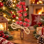 Ramura decorativa cu boabe de merisoare artificiale si snur din iuta, 15x5,5 cm, rosu