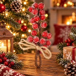 Ramura decorativa cu boabe de merisoare artificiale si snur din iuta, 15x5,5 cm, rosu