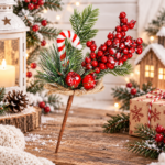 Ramura decorativa Craciun cu fructe rosii, acadea si sfoara iuta, 24 cm, rosu
