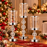Set 3 sfesnice metalice cu glob cristal si abajur sticla, 28-41 cm, argintiu