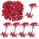 Set decorativ ramuri cu merisoare rosii artificiale inghetate, 15 cm, 200 boabe, rosu