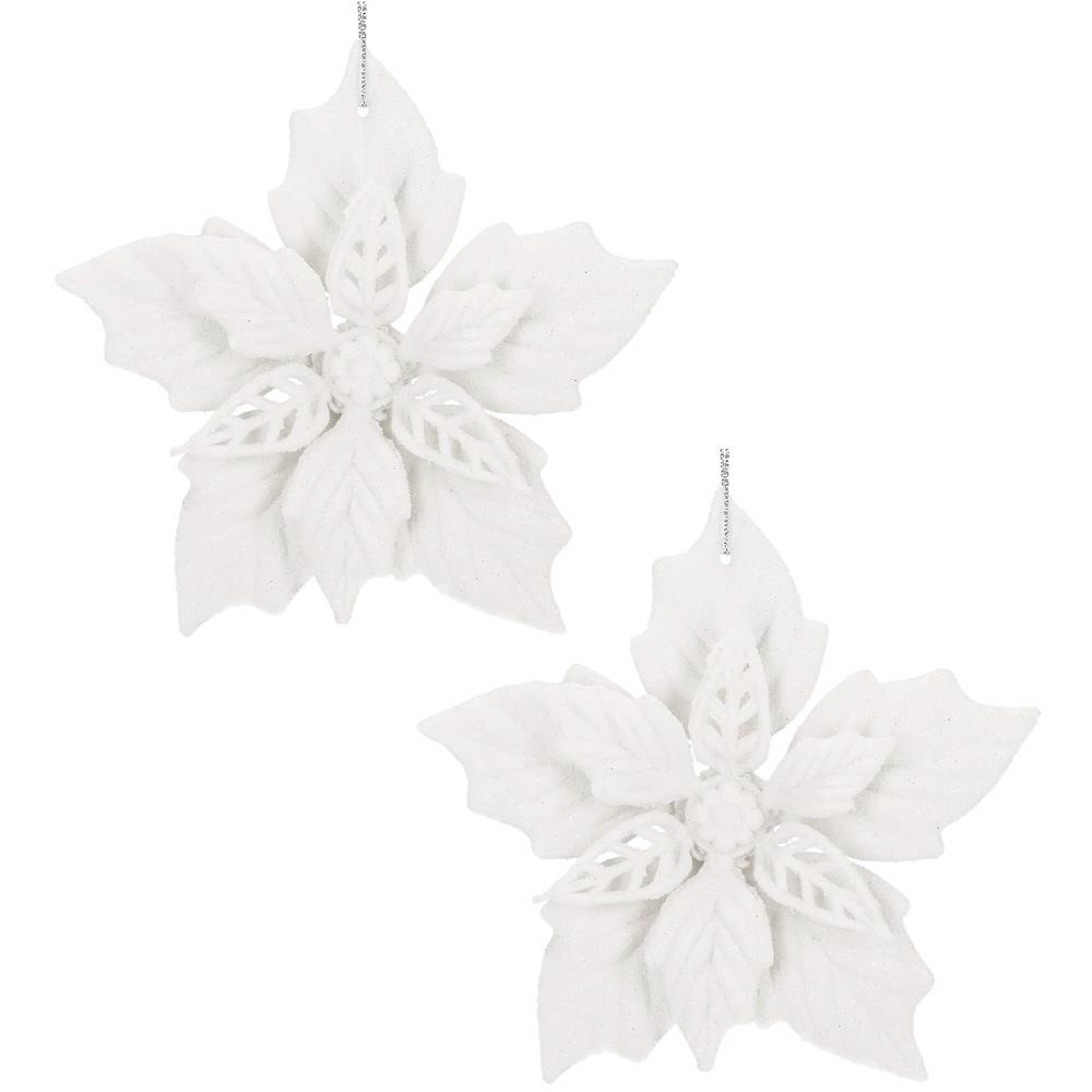 Set 10 flori de Craciun 12 cm, ornamente cu sclipici, plastic, alb - imagine 2