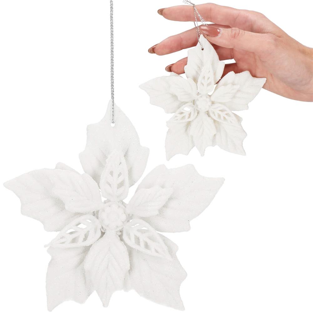 Set 10 flori de Craciun 12 cm, ornamente cu sclipici, plastic, alb - imagine 9
