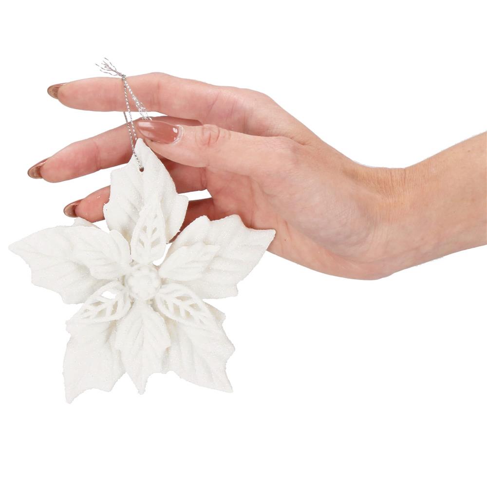 Set 10 flori de Craciun 12 cm, ornamente cu sclipici, plastic, alb - imagine 10