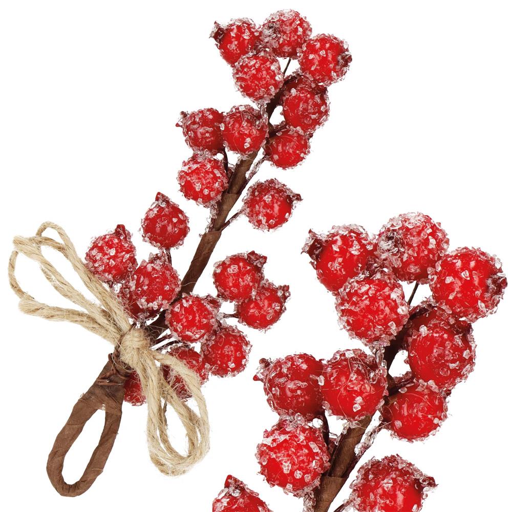 Ramura decorativa cu boabe de merisoare artificiale si snur din iuta, 15x5,5 cm, rosu - imagine 3