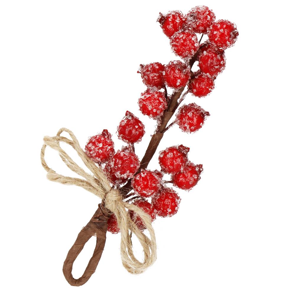 Ramura decorativa cu boabe de merisoare artificiale si snur din iuta, 15x5,5 cm, rosu - imagine 4