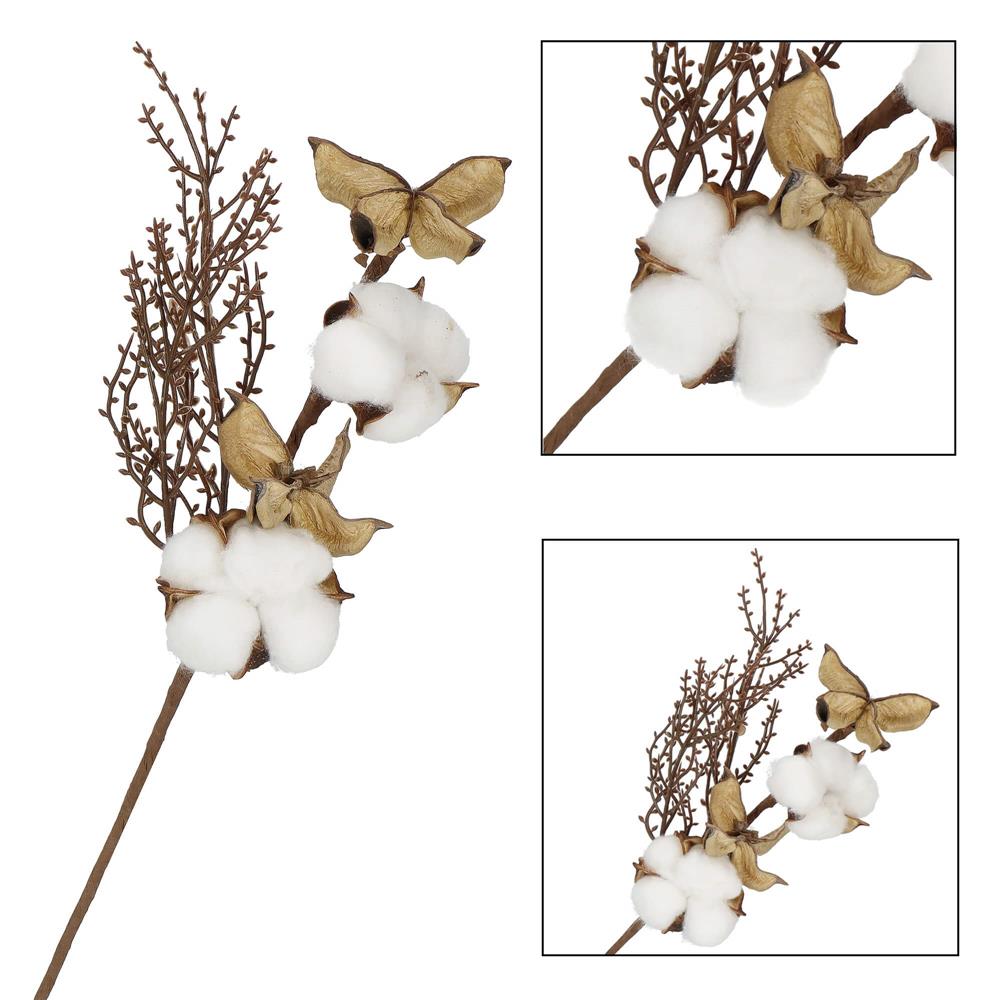 Ramura decorativa Craciun cu bumbac si plante uscate, 37 cm, alb/maro - imagine 9