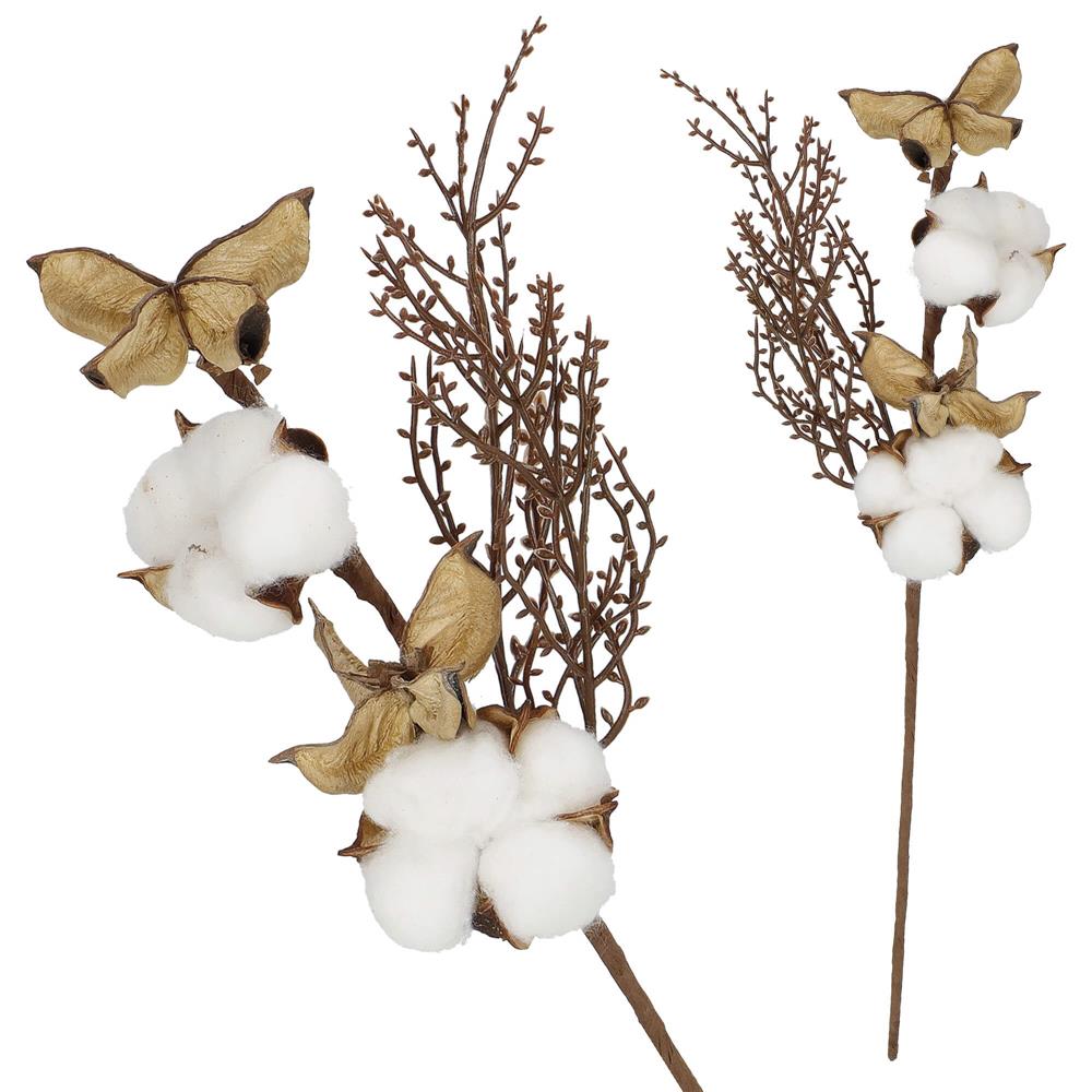 Ramura decorativa Craciun cu bumbac si plante uscate, 37 cm, alb/maro - imagine 2