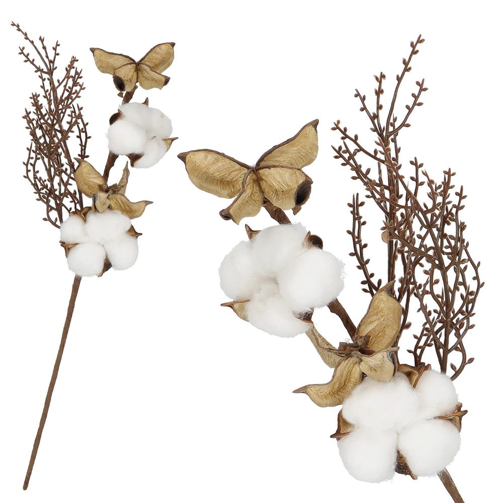 Ramura decorativa Craciun cu bumbac si plante uscate, 37 cm, alb/maro - imagine 3