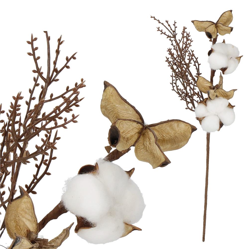 Ramura decorativa Craciun cu bumbac si plante uscate, 37 cm, alb/maro - imagine 5