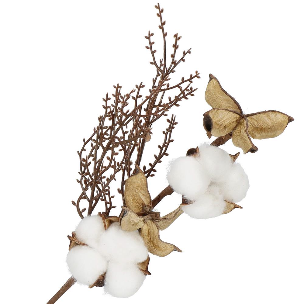 Ramura decorativa Craciun cu bumbac si plante uscate, 37 cm, alb/maro - imagine 6