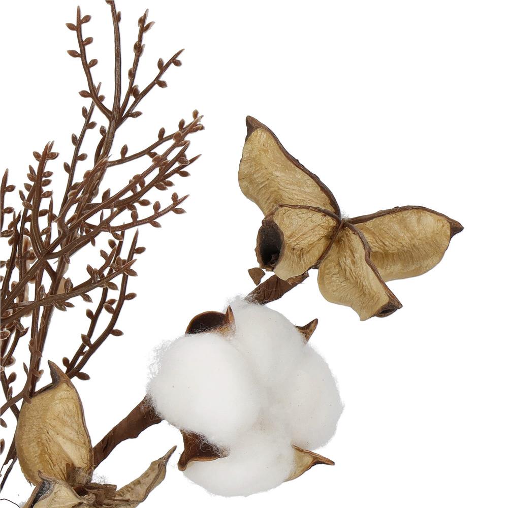 Ramura decorativa Craciun cu bumbac si plante uscate, 37 cm, alb/maro - imagine 7