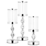 Set 3 sfesnice metalice cu glob cristal si abajur sticla, 28-41 cm, argintiu