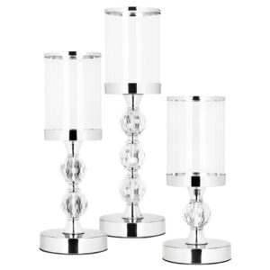 Set 3 sfesnice metalice cu glob cristal si abajur sticla, 28-41 cm, argintiu