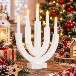 Decoratiune luminoasa tip sfesnic, din lemn, 39 cm, lumina calda, alimentare cu baterii, alb