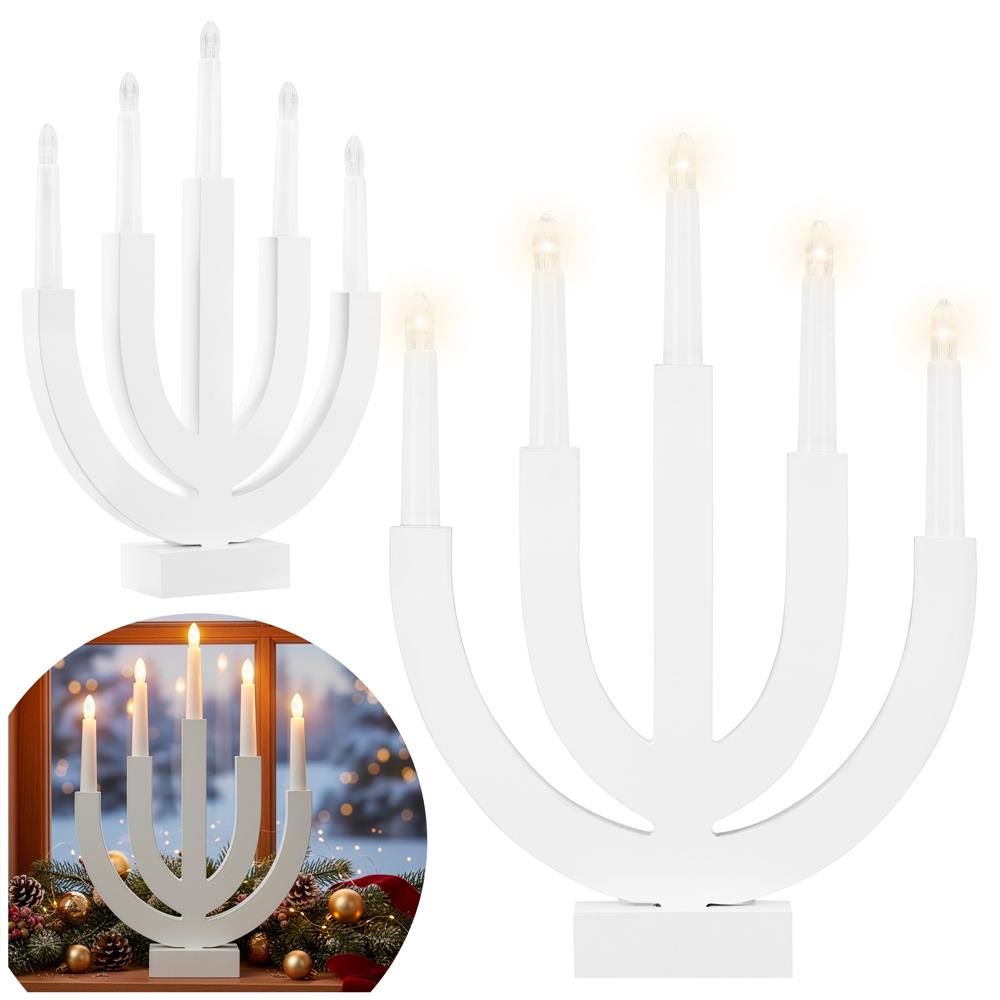 Decoratiune luminoasa tip sfesnic, din lemn, 39 cm, lumina calda, alimentare cu baterii, alb - imagine 3