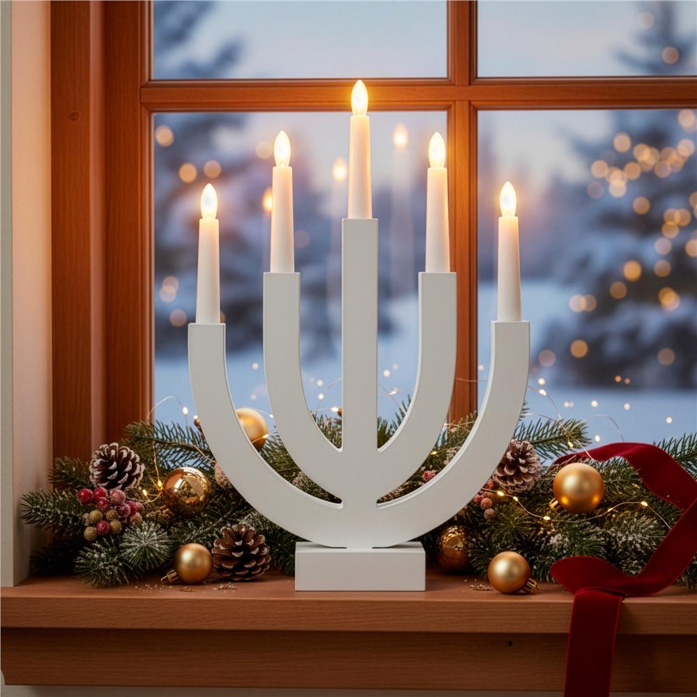 Decoratiune luminoasa tip sfesnic, din lemn, 39 cm, lumina calda, alimentare cu baterii, alb - imagine 6